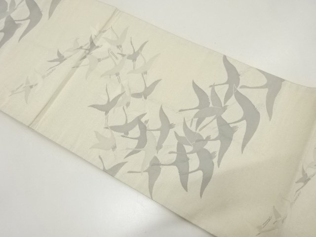JAPANESE KIMONO / ANTIQUE GROUP OF CRANES PATTERN WOVEN FUKURO OBI (MA